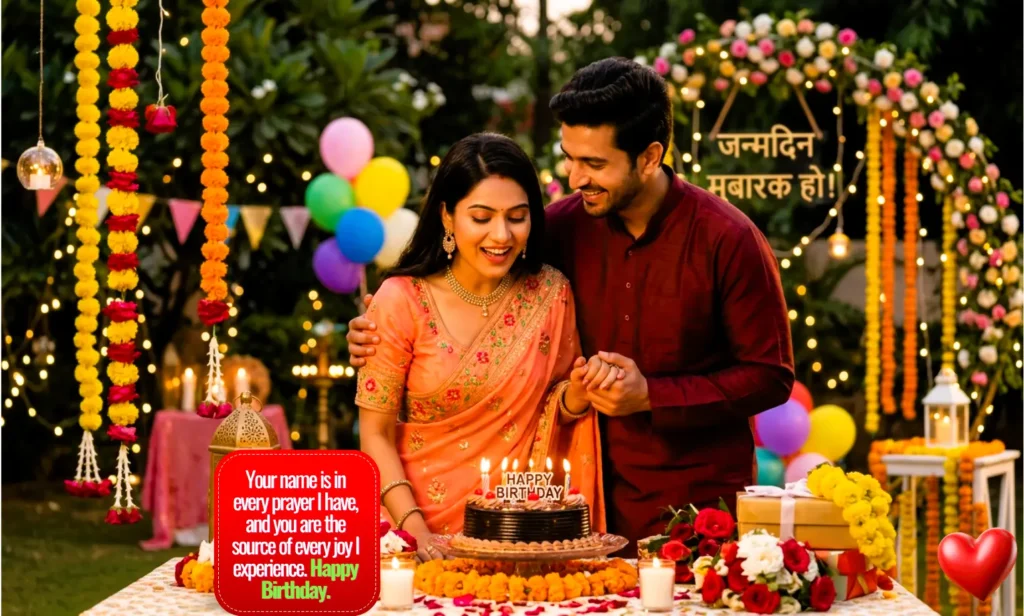 A romantic Indian couple in traditional ethnic wear, celebrating a birthday, holding hands while cutting a chocolate cake, surrounded by beautiful marigold garlands, fairy lights, and a sweet romantic birthday quote.
