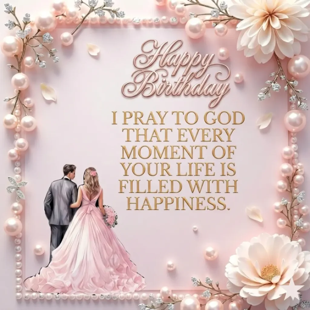 Romantic Happy Birthday greeting card for love featuring an elegant couple, beautiful pearl and floral borders, and a heartfelt prayer quote wishing lifelong happiness.