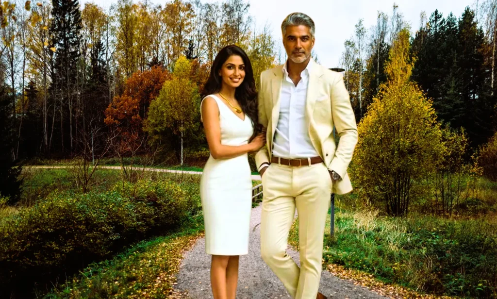 A stylish Indian couple, with a visible age gap, posing happily on a gravel pathway in a beautiful autumn park. The older man is distinguished in a beige suit, and the younger woman is elegant in a white dress. The vibrant autumn foliage forms the background.