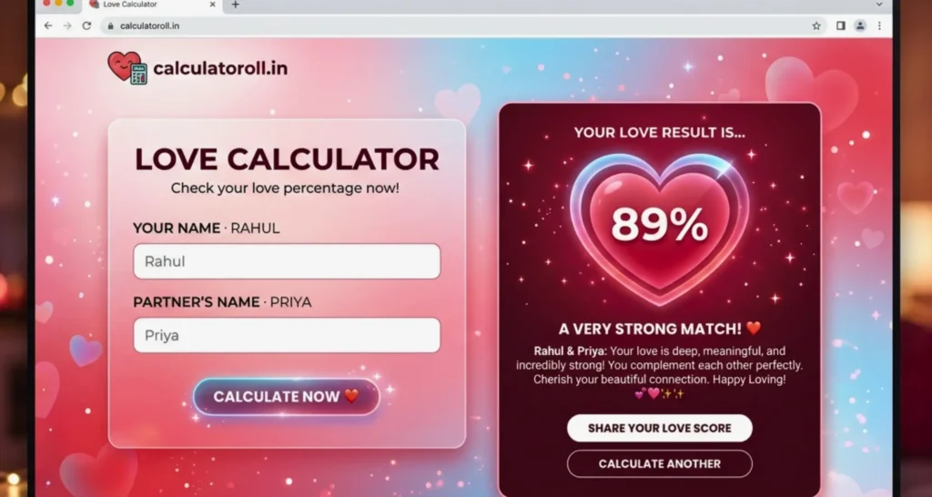 Screenshot of the online love calculator page on calculatoroll.in, showing a love percentage test result of 89% for the names 'Rahul' and 'Priya', with a 'Calculate Now' button.