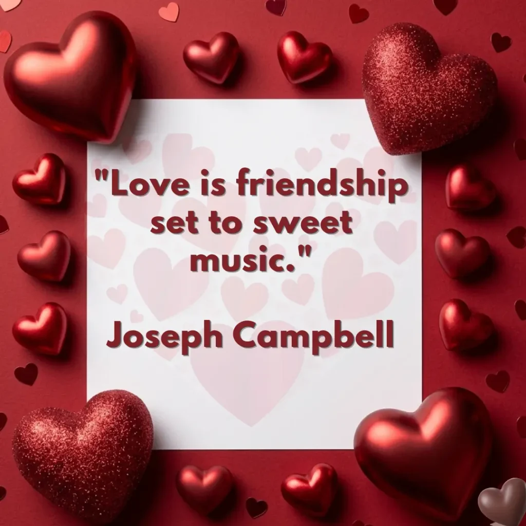 White card with the short love quote "Love is friendship set to sweet music" by Joseph Campbell, surrounded by glossy and glittery red 3D hearts.