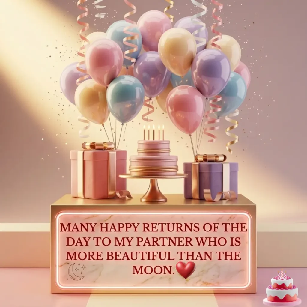 This image is a high-resolution photograph of a luxurious, unique birthday celebration set. The central element is a premium gold pedestal with a polished marble-effect face, glowing like a warm neon light. Displayed prominently on its surface is the text: "MANY HAPPY RETURNS OF THE DAY TO MY PARTNER WHO IS MORE BEAUTIFUL THAN THE MOON." Below the text is a small crescent moon and stars icon.