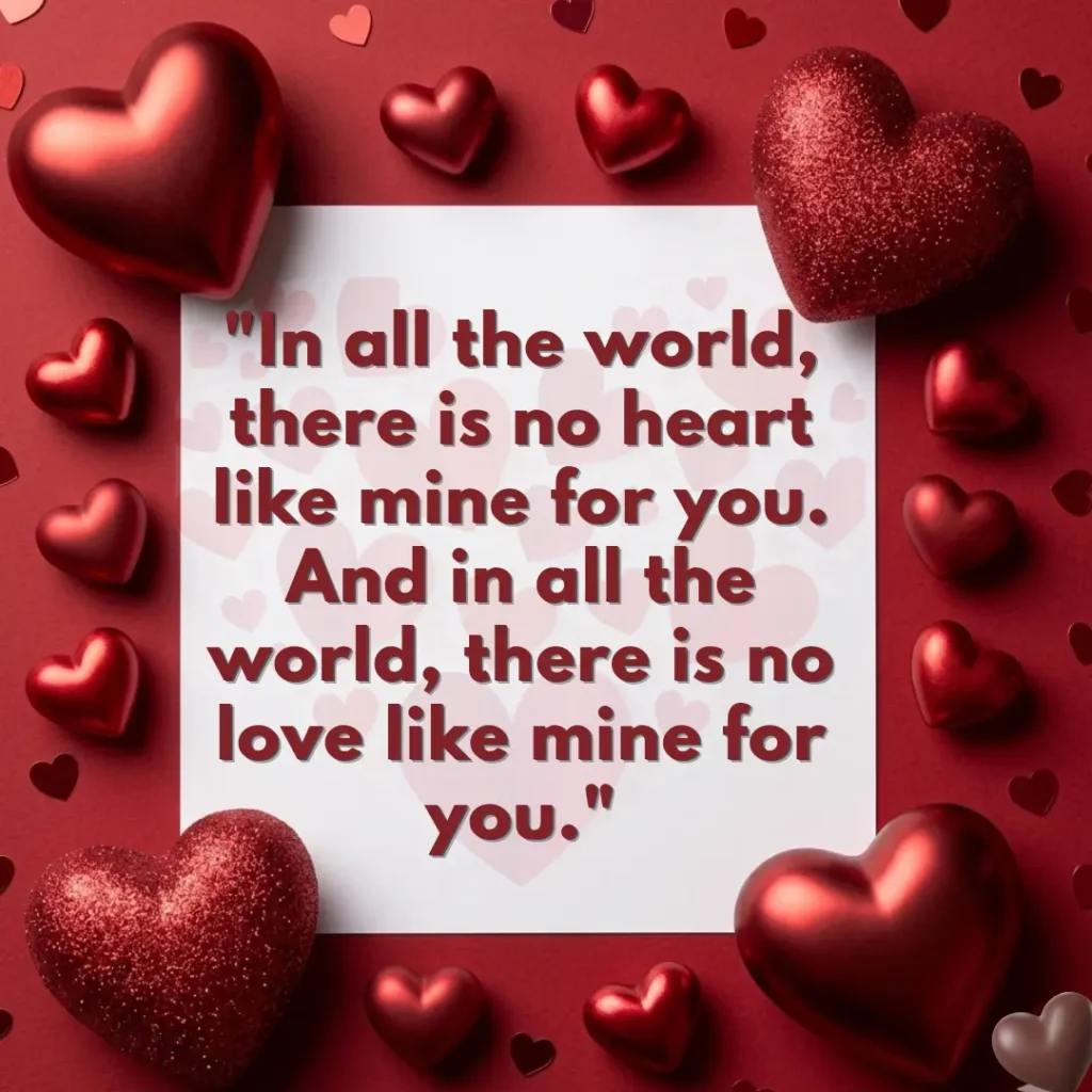 A beautiful heart touching love quote for husband written on a white card, surrounded by shiny red hearts, expressing deep romantic feelings.