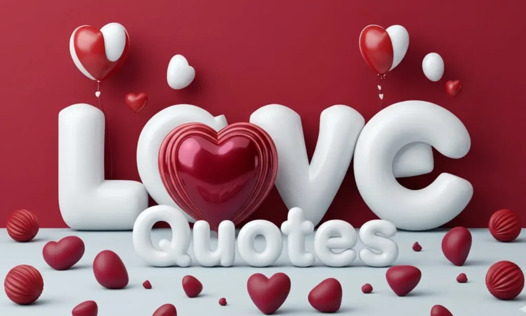 A 3D rendering of the words Love Quotes in white balloon letters with red hearts on a romantic red background, perfect for WhatsApp status.