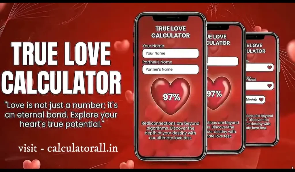 True Love Calculator by Calculatorall.in showing online love compatibility percentage checker tool for couples and partners