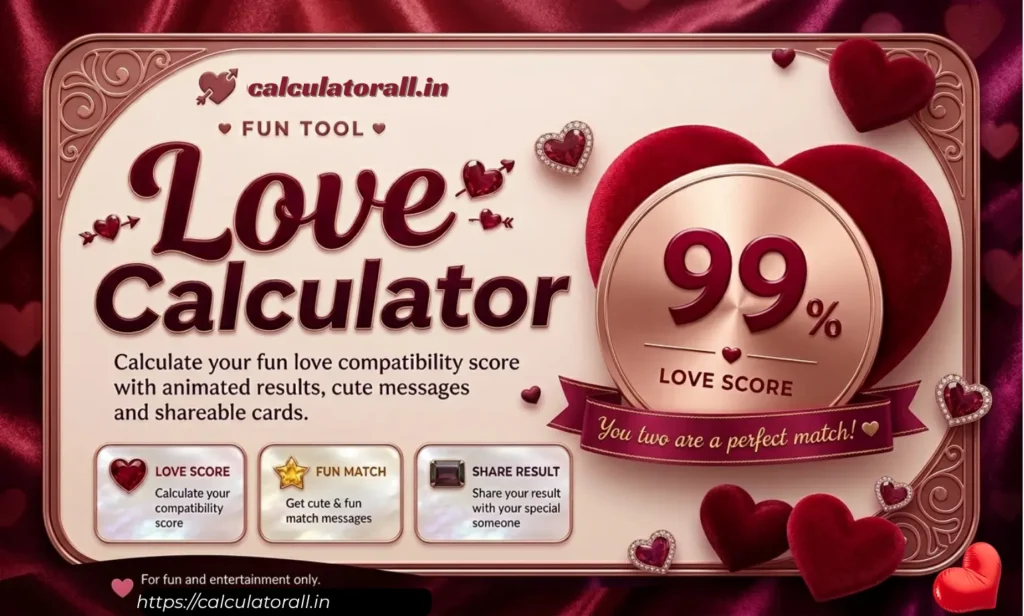 Love Calculator with 99 percent love score for birthday wishes post on ddcalculators.in by Calculatorall.in