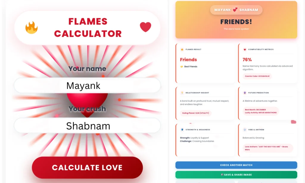 FLAMES Calculator online with name compatibility result showing friendship match, love prediction, relationship insights, compatibility score, and free FLAMES relationship calculator.