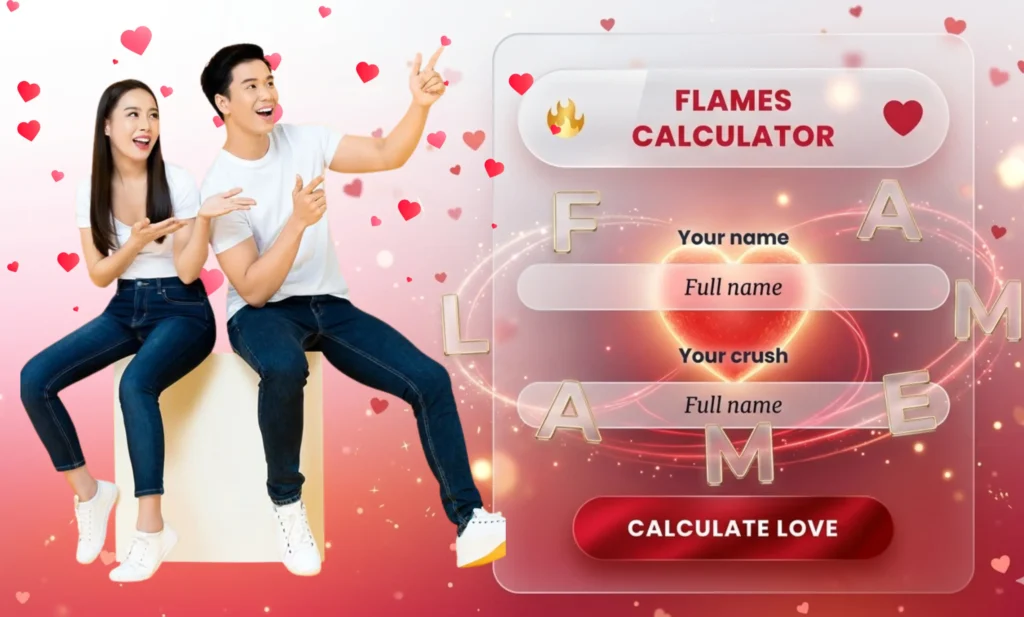 FLAMES Calculator tool showing a couple with romantic hearts, love compatibility test, relationship prediction calculator, and name-based FLAMES love calculator online.